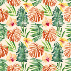 Tropical pattern. Jungle palm leaves and flowers watercolor painting