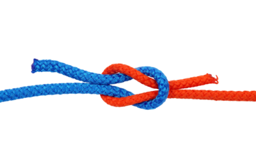 Square knot. Node with colored ropes