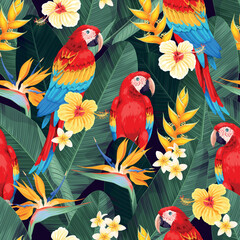 Seamless pattern with exotic flowers and birds - 544023430