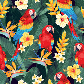 Seamless pattern with exotic flowers and birds