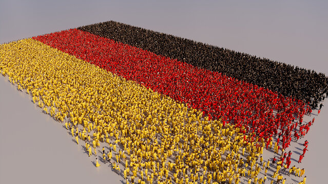 Aerial view of a Crowd of People, gathering to form the Flag of Germany. German Banner on White Background.