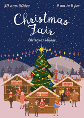Christmas Fair poster. Xmas fair card with decorated Christmas tree