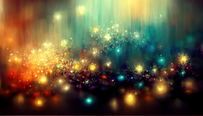 Fototapeta premium Color sparks. Blur glow. Festive glare. Defocused golden orange blue shiny glitter bokeh light circles falling motion on dark collage abstract background.