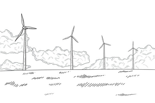 Vector Hand Drawn Wind turbine Towers with Cloudy Sky on White Background. Green Energy Concept Vintage Style Illustration. Wind Power Generators Field. Clean Energy Industry Ecology Concept Landscape