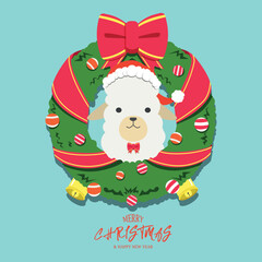 Cartoon illustration of cute alpaca with Christmas decorative wreath. Vector illustration of Christmas day
