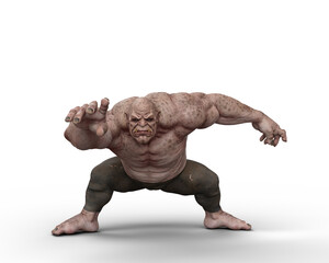 3D rendering of a giant ogre fantasy creature in crouching pose isolated on a transparent background.