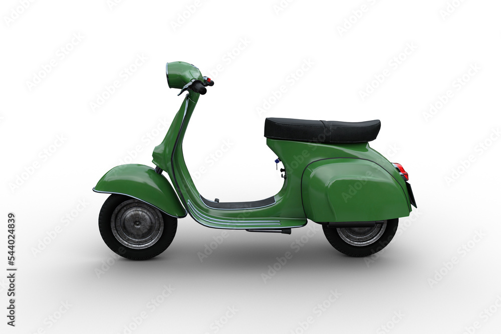 Poster side view 3d illustration of a green generic motor scooter isolated on a transparent background.