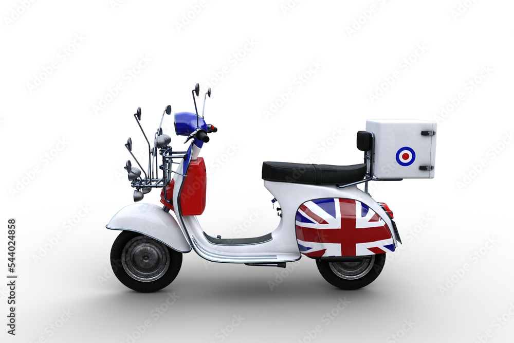 Aufkleber side view 3d illustration of a white motor scooter with british flag and multiple mirrors isolated o