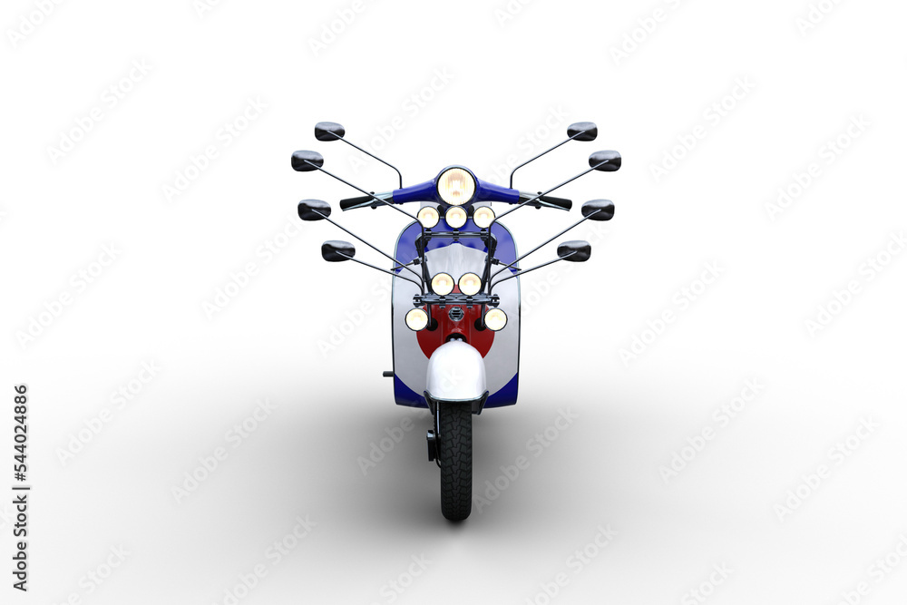 Poster front view 3d illustration of a white, red and blue motor scooter with multiple wing mirrors and lig