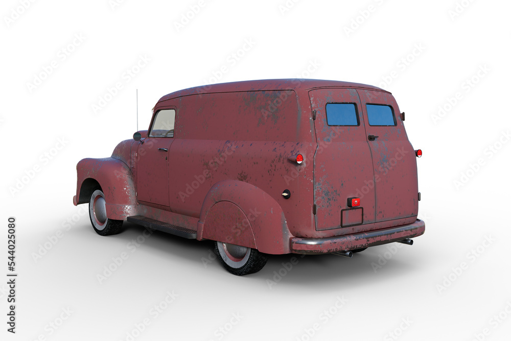 Poster rear corner view 3d rendering of an old vintage american panel van with faded and peeling red paintw
