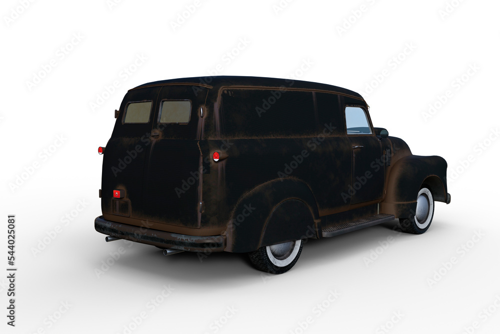 Aufkleber rear perspective 3d rendering of an old black retro american panel van isolated on transparent backg