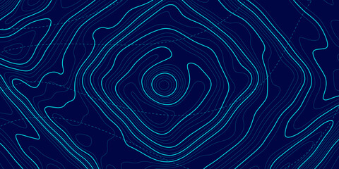 Topographic map on blue background. Geographic line map with elevation assignments. Contour background geographic grid. Vector illustration.