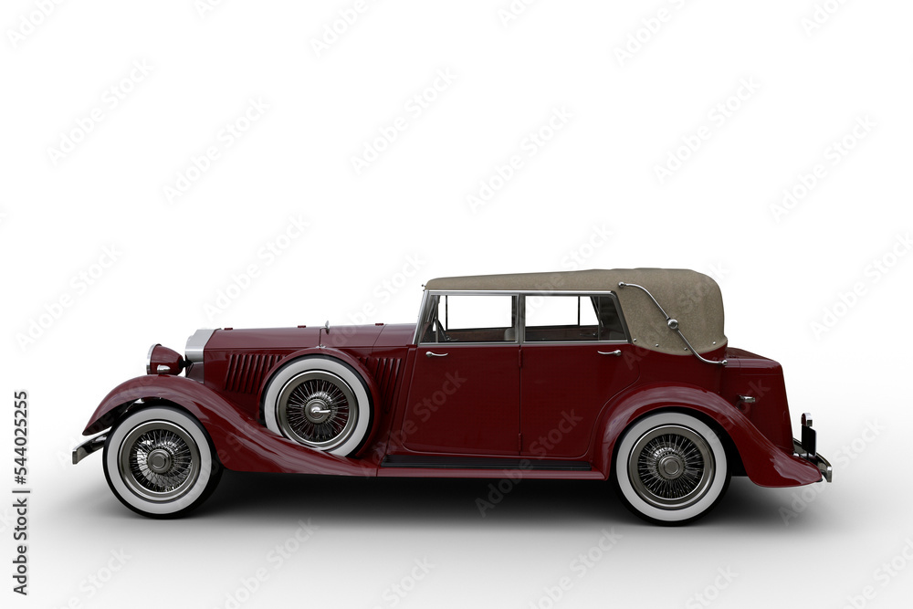 Poster side view 3d illustration of a large old red vintage car with soft top roof isolated on a transparen