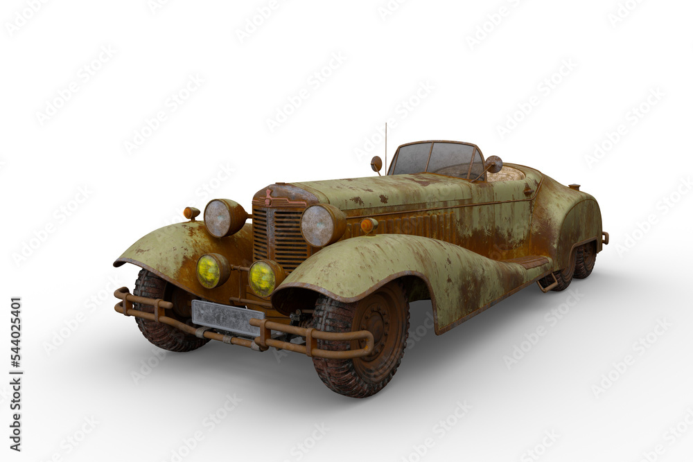 Poster 3d illustration of a large old rusty vintage open top car isolated on a transparent background.