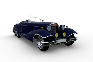 3D illustration of a large dark blue vintage open top car isolated on a transparent background.