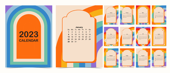 2023 table calendar week start on Sunday with groovy and rainbow that use for vertical digital and printable A4 A5 size - obrazy, fototapety, plakaty