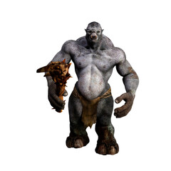 3D illustration of a fantasy mythical troll creature from Scandinavian folklore holding a large club weapon isolated on a transparent background.