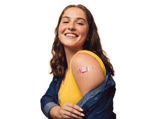 Vaccinated teenage girl smiling at the camera on a transparent background - obrazy, fototapety, plakaty