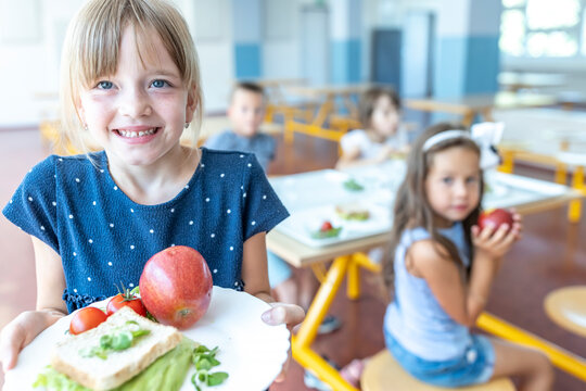 Girl holding plate with apple and sandwich at lunch break in school cafeteria