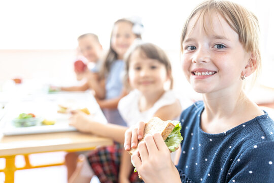 Student holding fresh sandwich with friends in background at cafeteria