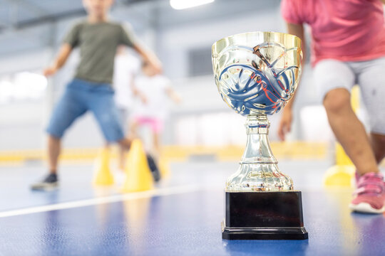 Metallic trophy cup with students in background at school sports court