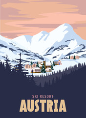 Austria Ski resort poster, retro. Alpes Winter travel card