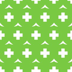 Green seamless pattern with white crosses. Simple fabric ornament decoration with pluses