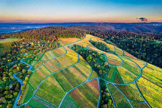 Germany, Baden-Wurttemberg, Drone view of hillside vineyards inRemstalvalley
