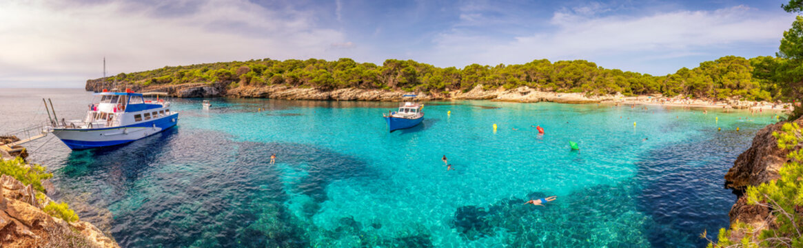 Spain, Balearic Islands, Menorca, Panoramic view of Cala Turqueta bay