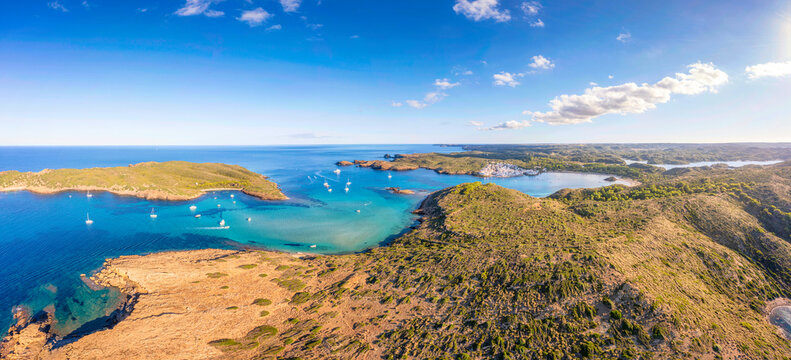 Spain, Balearic Islands, Menorca, Panoramic view of Colom Island and surrounding landscape in summer