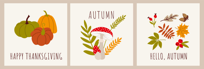 Painted autumn illustrations. A set of postcards with pumpkins, mushrooms and leaves. Autumn mood. Thanksgiving day. Flat design. Greeting cards, poster, banner.