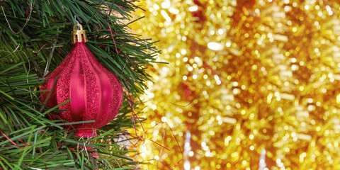 Template with evergreen Christmas tree and red bauble on the branch. Web banner with copy space for...