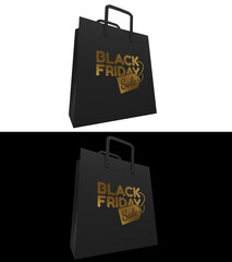 Golden BLACK FRIDAY SALE promotion text on Black Paper Bag. 3D render.