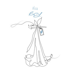 Vector one line art illustrations of stork with a new born baby for postcard or baby shower card. It's a boy