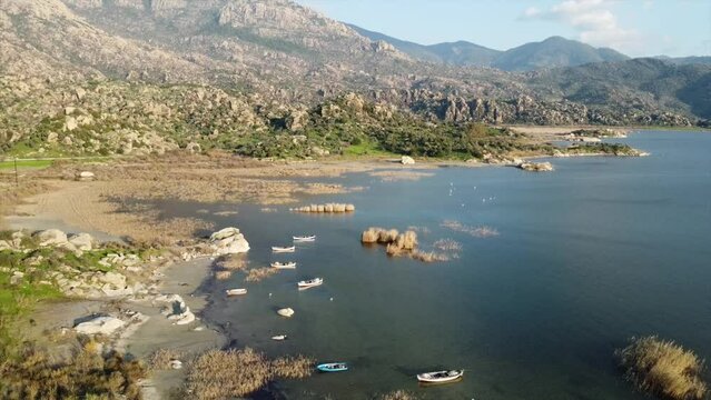 Aerial view of Lake Bafa is a lake and a nature reserve as well as the ruins of Heraclea by Latmus, Turkey