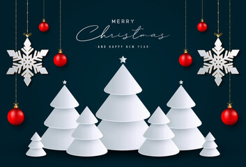 Merry christmas banner. Modern white 3d christmas tree. Realistic snowflake and red balls hanging on dark background. Christmas greeting card. Vector illustration