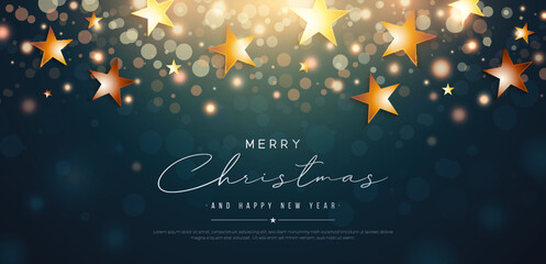 Merry christmas greeting card with bokeh lights. Gold stars and glowing effect on dark background. Xmas holiday. Merry Christmas and Happy New Year hand lettering. Vector illustration