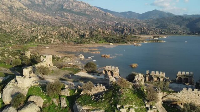 Aerial view of Lake Bafa is a lake and a nature reserve as well as the ruins of Heraclea by Latmus, Turkey