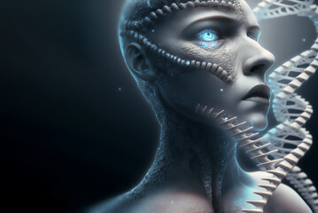 3D human and DNA model interconnection, post human concept, gene editing and human augmentation, bio hacking concept 
 3d rendering