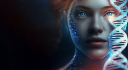 3D human and DNA model interconnection, post human concept, gene editing and human augmentation, bio hacking concept 
 3d rendering