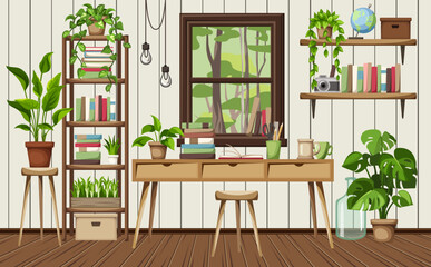 Country room interior design with a desk, shelving, plenty of houseplants, and a window with forest view. Office in a forest. Cartoon vector illustration