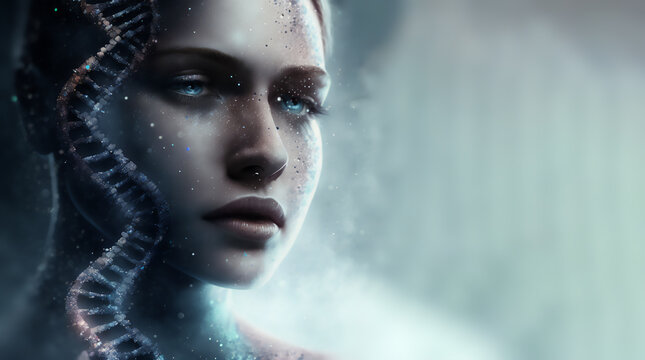 3D human and DNA model interconnection, post human concept, gene editing and human augmentation, bio hacking concept
3d rendering