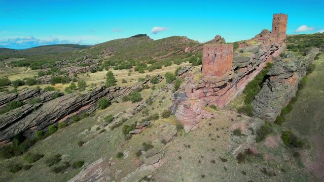Aerial view above the ruins of the Castillo de Zafra in Aragon Spain	