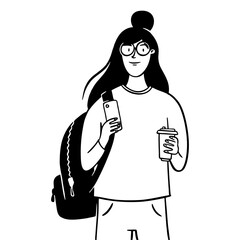 Girl with backpack, phone and coffee. Hand drawn illustration.
