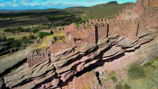 Aerial view above the ruins of the Castillo de Zafra in Aragon Spain	