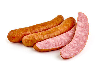 Smoked bratwurst sausages, isolated on white background.