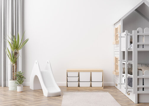 Empty white wall in modern child room. Mock up interior in scandinavian style. Copy space for your artwork, picture or poster. Bed, slide. Cozy room for kids. 3D rendering.