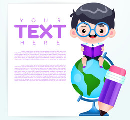 Cartoon Cute Boy Sitting On The World Globe With Banner