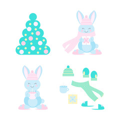 A set of vector illustrations with a bunny, a Christmas tree, a hat and a scarf.