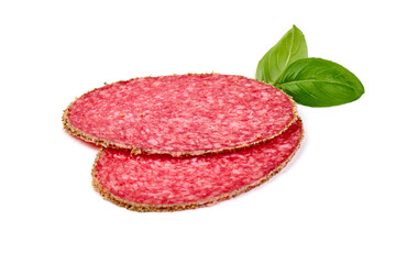 Peppered salami sausage, Isolated on white background.